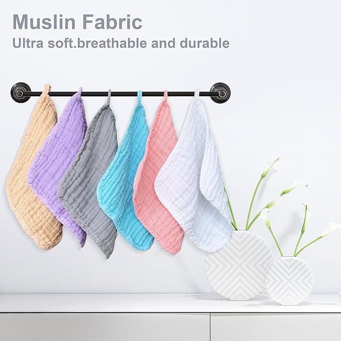 SWEET DOLPHIN 12 Pack Baby Muslin Washcloths - Soft Face Cloths for Newborn, Absorbent Bath Wash Cloths, Wipes, Burp Rag - Toddlers Essentials Stuff, Baby Registry as Shower -10"x10", Multicolor