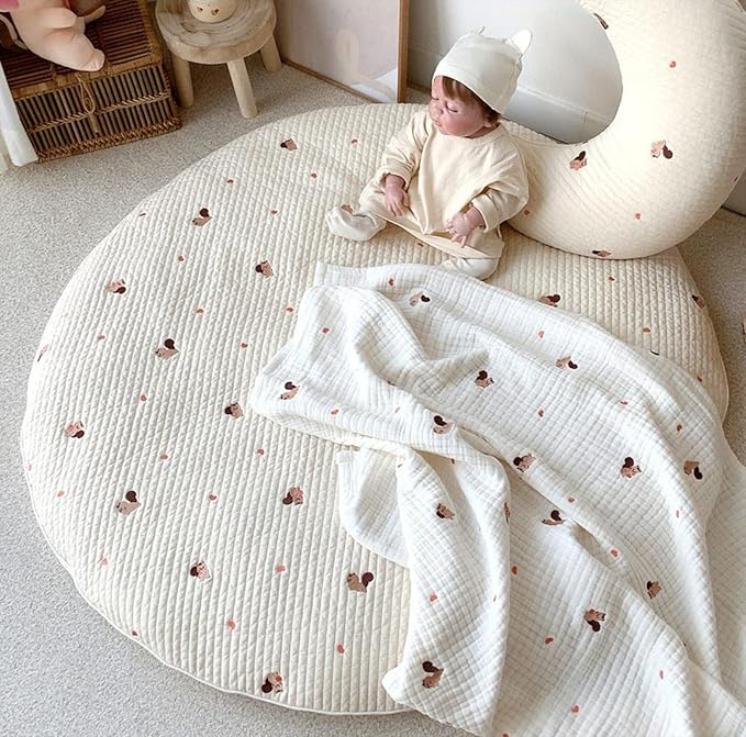 Baby Squirrel Embroidered Play Mats, 33.5" Cotton Crawling Mat, Detachable Washable Floor Mat Soft Kids Room Decor Rug Gym Nursery Area Rug Playroom Mat Carpet for Infant Toddler