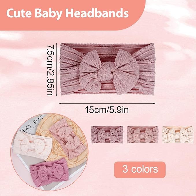 hoyuwak 3 PCS Baby Bow Headbands Handmade Nylon Bow Hairbands Soft High Stretchy Hair Accessories for Infant Baby Girls