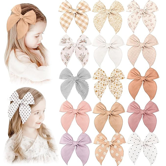 Niceye Fable Girls Hair Bows Cotton Linen Alligator Hair Clips or Little Girls Toddlers Kids Neutral Handmade Hair Accessories - 5.5” bow