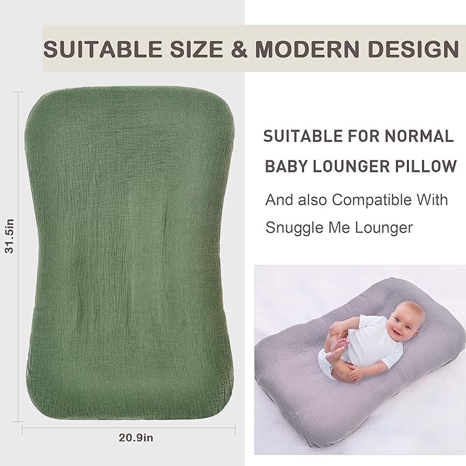 Muslin Baby Lounger Cover for Snuggle Me Lounger,3 Pack 100% Cotton Newborn Baby Lounger Pillow Covers,Soft and Breathable Baby Nest Slipcover for Boys Girls （Covers Only