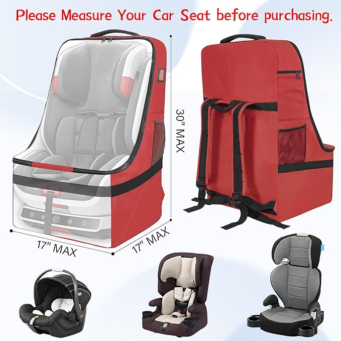IBVIVIC Padded Car Seat Travel Bag for Airplane, Heavy Duty Car Seat Bag for Air Travel Gate Check Carseat Carrier Bag with Shoulder Strap, Fits Most Baby & Infant Car Seats (Red)