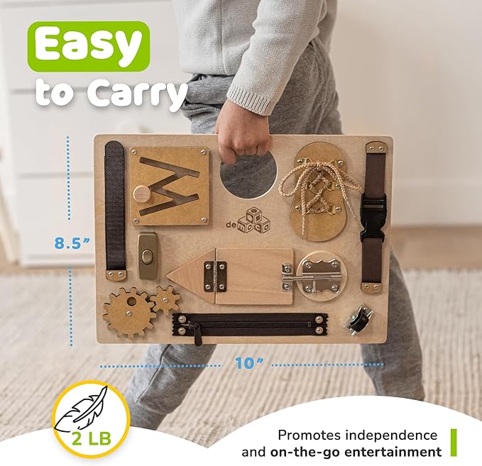 deMoca Sensory Busy Board for Toddlers, Premium Wooden Toddler Busy Board for 1 2 3 Year Old with 10 Educational Activities for Fine Motor Skills, Fidget Activity Toy for Travel