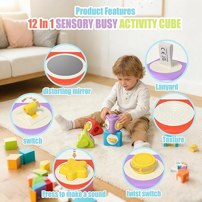 Activity Cubes & Stacking Toy Blocks Set of 4,12-in-1 Montessori Toys for 1-2 Years Old,Educational Activities Sensory Travel Toys for Airplane & Car, Perfect Birthday for Toddlers