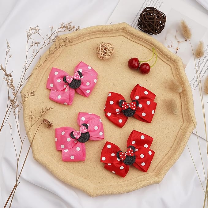 Ayesha Mouse Ears Hair Clips, 4PCS Grosgrain Ribbon Mouse Bow Hair Clips, Polka Dot Bows for Girls, Hair Accessories for Baby Girls, Toddler Kids, Costume Party, Daily Use