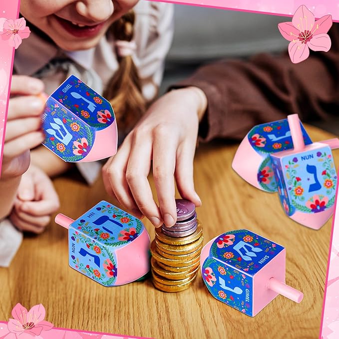 Wonderjune 2 Pcs Hanukkah Dreidels Extra Large Wooden Dreidel for Hanukkah Decoration with English Transliteration, Forever Spinning Tops Party Favors(Floral)