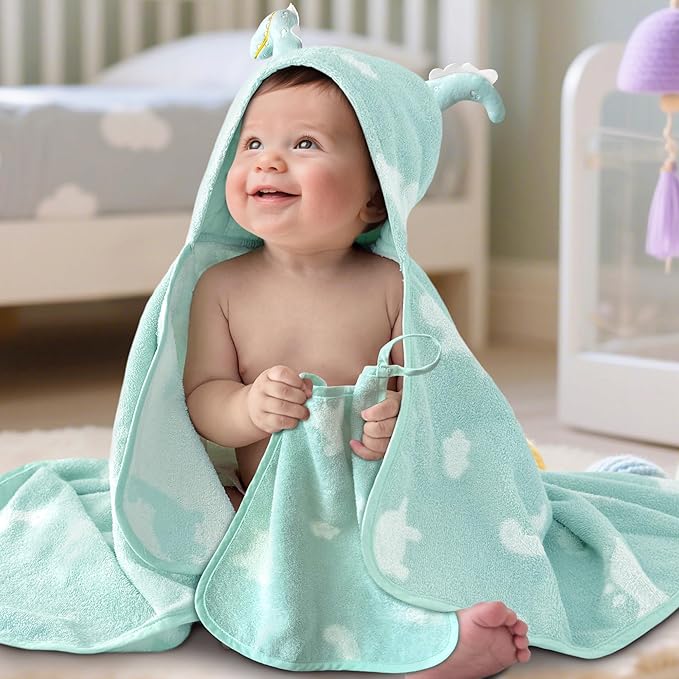 VOOVA & MOVAS Mint Dinosaur Baby Hooded Towel – 100% Cotton, 420GSM, Super Absorbent – 30.5" x 36", for 0–18 Months – Thick Large Bath Towel for Newborn, Infant, Toddler, Baby Essentials