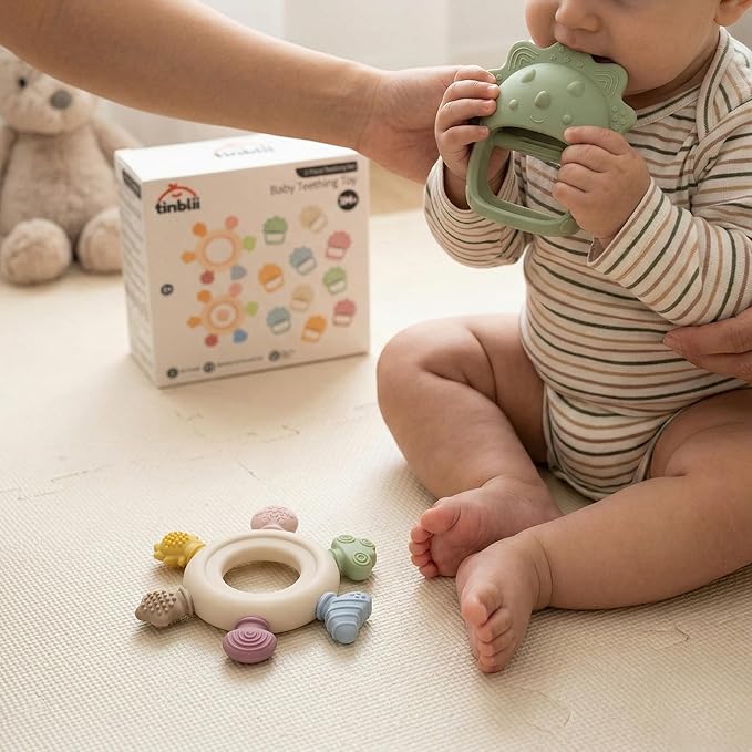 Baby Teething Toys 2 Pack, Dinosaur Mitten Teether and Ring Sun Teether with 6 Chewing Points, Silicone Chew Toys for Infants 0-6 6-12 Months, BPA Free Soothing Gum Relief Set (Green)