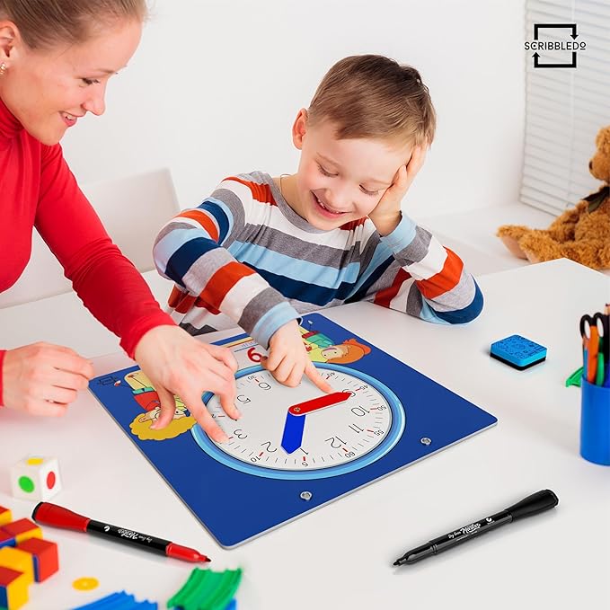 Scribbledo Writable Dry Erase Learning Clock for Kids Write & Wipe Demonstration Clock for Kids Learning to Tell Time Classrooms and Homeschool Supplies