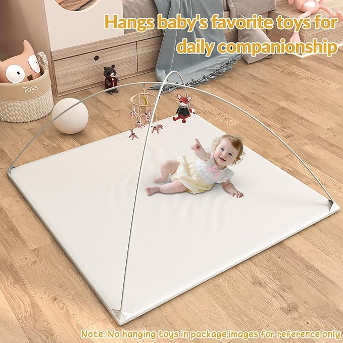 Padded Baby Play Mat Soft Vegan Leather with Thicken Foam Mat Easy Wipe-Clean Cushioned & 2 Sides Waterproof Baby Tummy Time Playmat Fits 50" x50" Playpens,2 Support Toybar Poles Included