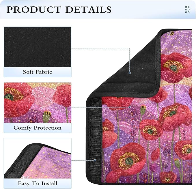 2 Pack Seatbelt Covers Seat Belt Cover Pad for Adults Boys Girls Car Seat Strap Covers Pads Cushion Universal Shoulder Strap Pad Protector for Backpack Camera Bag 6.5 Inch Poppy Flowers and Bees