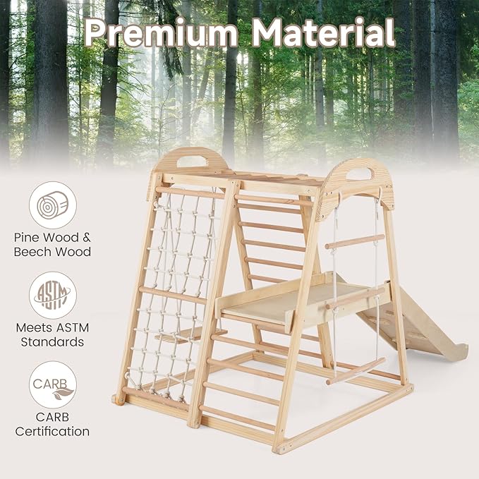 OLAKIDS Indoor Jungle Gym, 8 in 1 Wooden Montessori Toddler Climbing Toys with Adjustable Ramp Swing Slide, Monkey Bar Rope Ladder Waiting Area (Natural)