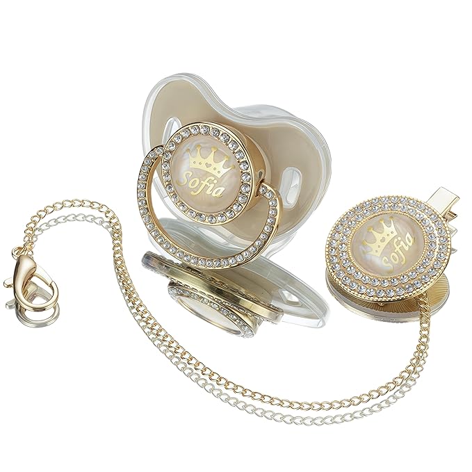 Sparkling Bling Custom Baby Pacifiers and Clips/Holder Kit with Name Personalized with Rhinestones for Boy and Girl Baby Shower (Khkai)