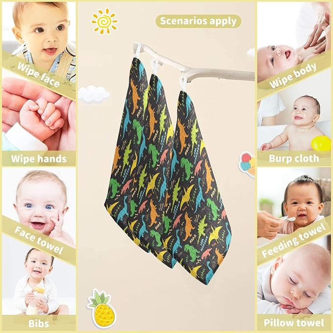 vvfelixl Baby Washcloths Cotton Colored Dino Dinosaurs Baby Muslin Washcloths Soft Baby Face Towel for Newborn Infants, 11.8 X 11.8 Inch, 3 Pack Black