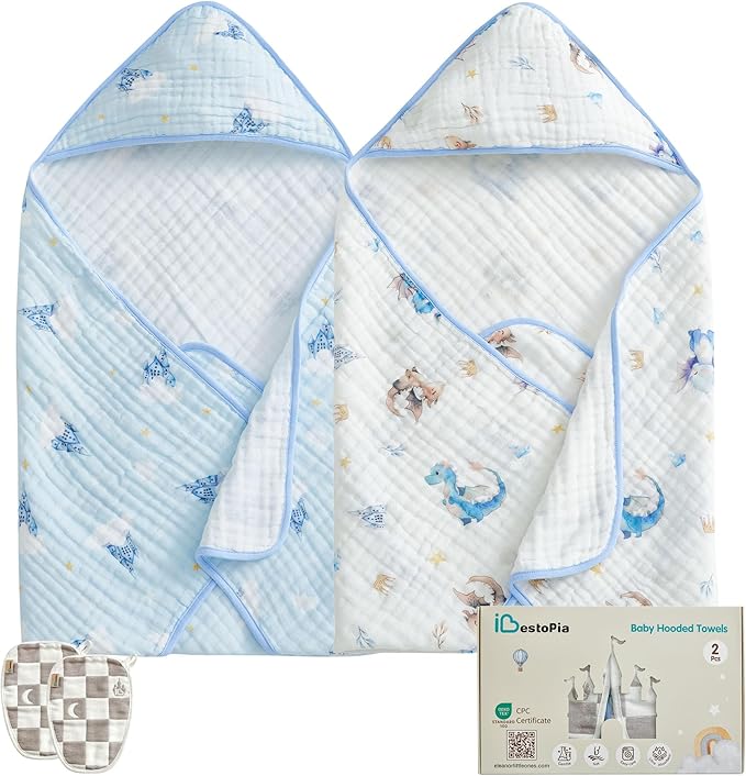 Hooded Baby Bath Towels 2 Pack 32x32 Inch, 100% Cotton Soft & Highly Absorbent, Blue Castle & Baby Dragon Design, Baby Towel Set with Wash Mitts, Gentle for Newborn, Infant & Toddler