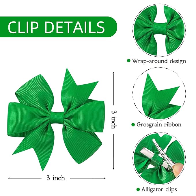 choicbaby 6pcs St. Patrick's Day Hair Bows for Girls 3” Green Grosgrain Ribbon Bows with Alligator Clips Lucky Toddler Hair Accessories for Baby Toddler Kids Birthday Holiday