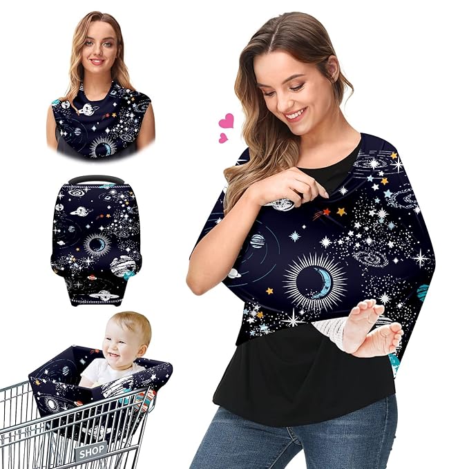 Baby Car Seat Stroller Covers Cartoon Planet Nursing Cover Breastfeeding Scarf Soft Breathable Stretchy Infant Car Canopy Coverage Carseat Cover for Boys and Girls Multi Use