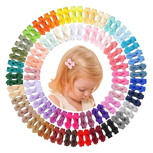 choicbaby 100pcs Baby Hair Bow Clips 1.4" Tiny Grosgrain Ribbon with Fully Lined Alligator Clips Small Toddler Bow Hair Accessories for Baby Girls Infant Toddler Kids