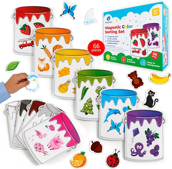 Simply magic 11 Jars Magnetic Color Sorting Set - Color Sorting Toys for Toddlers, Magnetic Shapes, Learning Colors Recognition Magnets, Colors Matching Games for Toddlers, Preschool Circle Time