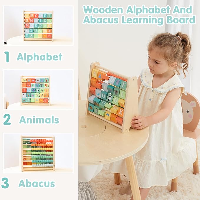 FReniland Wooden Activity Cube - Double-Sided Abacus & Alphabet Flip Tiles for Toddlers 18M+, Educational Learning Toy for Math and ABC Fun