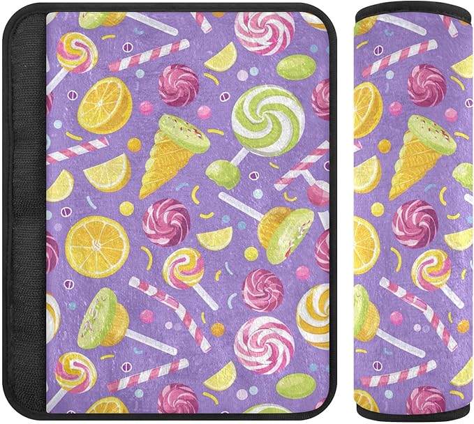 Colorful Candy and Lollipops Car Seat Belt Covers 2Pcs Soft Car Seat Belt Pads Shoulder Strap Cushion for Adults and Children