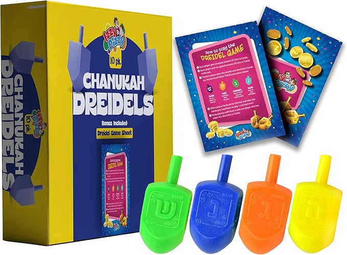 Hanukkah Dreidels - Multi Color Plastic Dreidel - 10 Pack Medium
