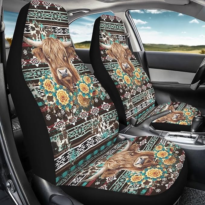 Ethnic Highland Cow Car Seat Covers Waterproof Front Seat Covers Automobile Front Seat Covers Easy to Install Car Interior Automotive Universal Fit Most Cars