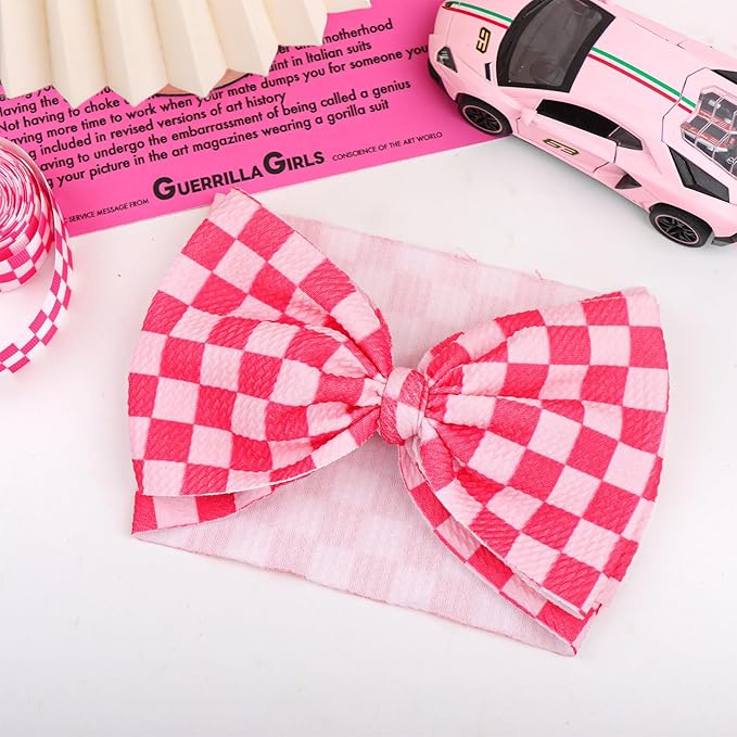 YanJie 7’’ Hot Pink Checkered Bow for Baby Girl Racing Bows Plaid Headbands for Newborns Infants Toddlers Two Fast Birthday Girls Hair Accessories