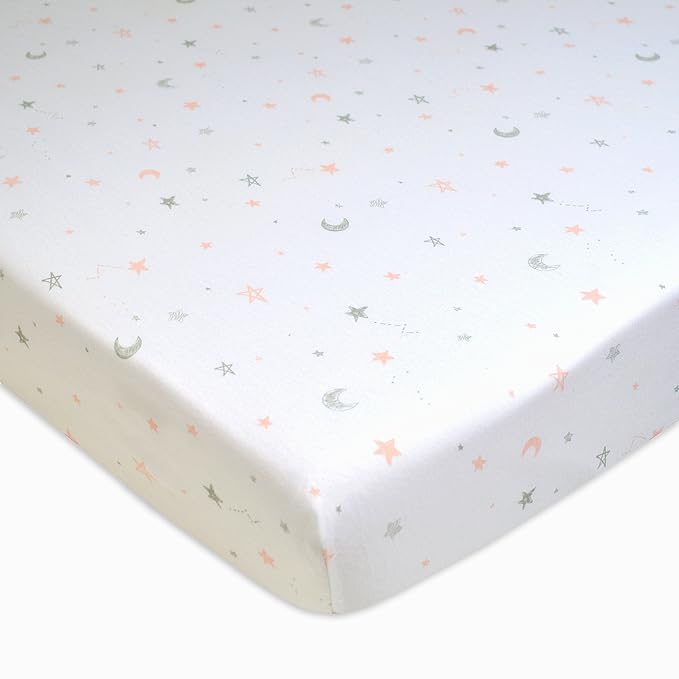 American Baby Company 100% Natural Cotton Fitted Pack and Play Sheet 39" x 27" - Soft & Breathable Pack N Play Sheet for Playpen, Playard & Mini Crib Mattress, Pink Stars and Moon, for Boys & Girls