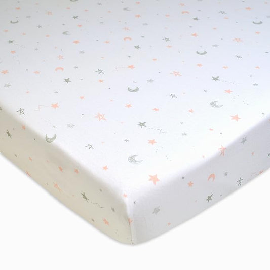 American Baby Company 100% Natural Cotton Fitted Pack and Play Sheet 39" x 27" - Soft & Breathable Pack N Play Sheet for Playpen, Playard & Mini Crib Mattress, Pink Stars and Moon, for Boys & Girls