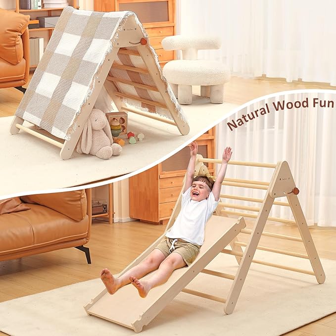 PairPear Foldable Pikler Triangle Climbing Set for Kids, 7 in 1 Montessori Large Wooden Climbing Toys Indoor Jungle Gym with Rocker Arch, Ramp & Slide for Toddlers 18 Months+
