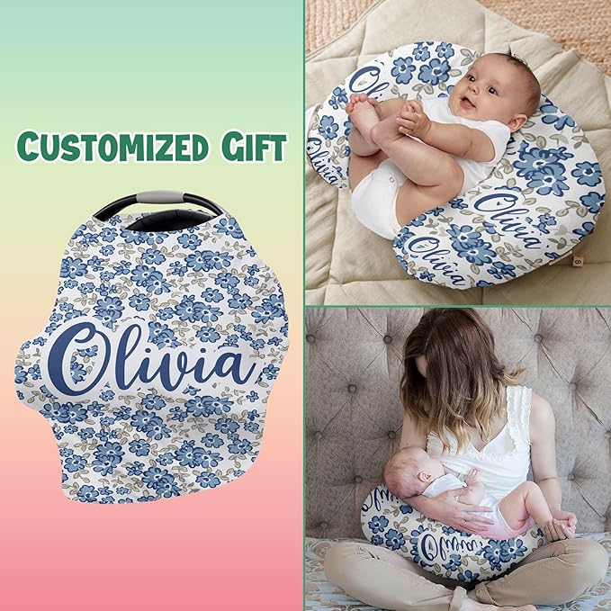 Custom Car Seat Covers for Babies - Breathable Baby Car Seat Cover for Girls Boys, Blue Pattern Kick-Proof Newborn Carrier Canopy Stretchy Stroller Cover for 4 Seasons