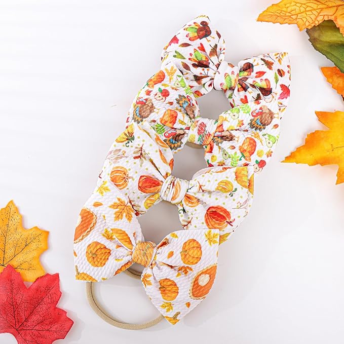 YanJie Hairband, Nylon Thanksgiving Baby Girls Headbands with 4.5in Bow, Handmade Stretch Pumpkin Hairbands Hair Bows Fall Gift for Girls Infants Toddlers Child