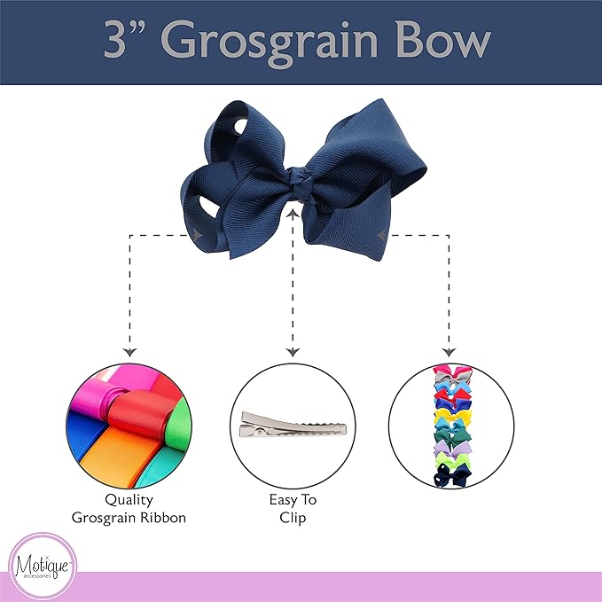 3 Inch Grosgrain Bow for Little Girls- Set of 2 (Navy)