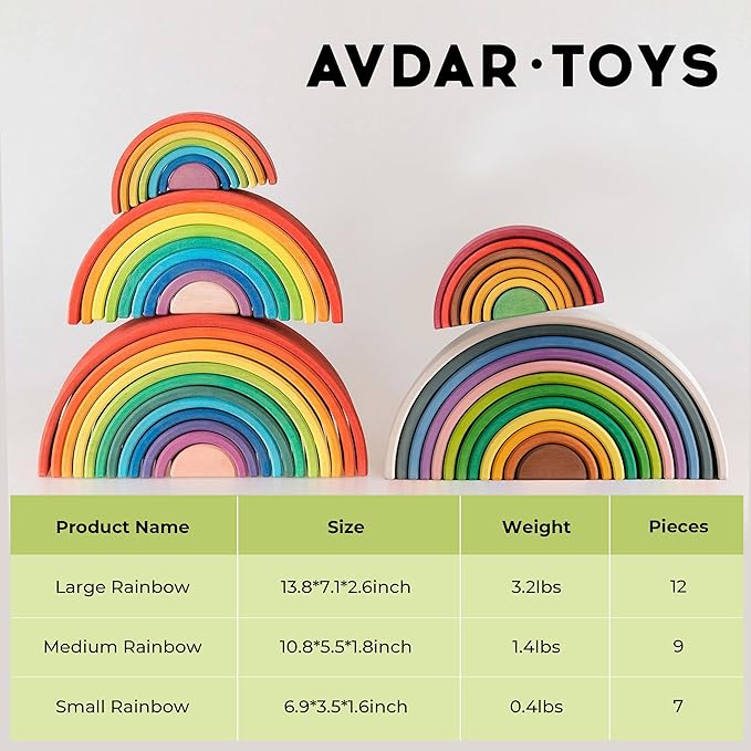 AVDAR 9Pcs Wooden Rainbow Stacker Toy, Montessori Nesting Puzzle for Kids, Rainbow Blocks