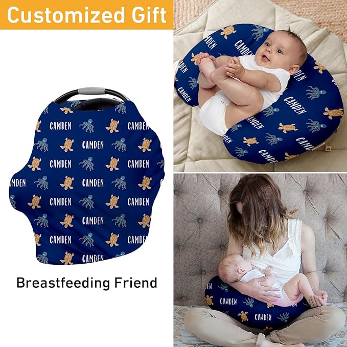 Personalised 7 in 1 Car Seat Cover for Girls and Boys - Multipurpose Breast Feeding Cover, Blue Turtle Print Nursing Cover, Grocery Cart Cover - Birthday Gift for Babies(27"x29")