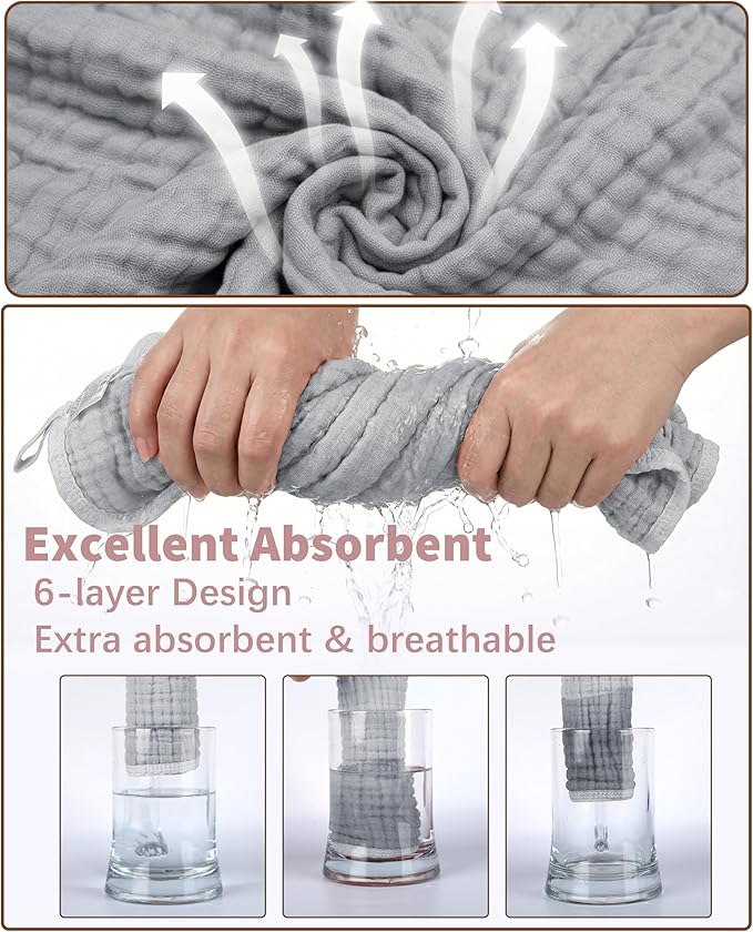 6Pcs Baby Muslin Hooded Bath Towels and Washcloths,32"x 32" Muslin Cotton Hooded Baby Towels for Newborn Shower