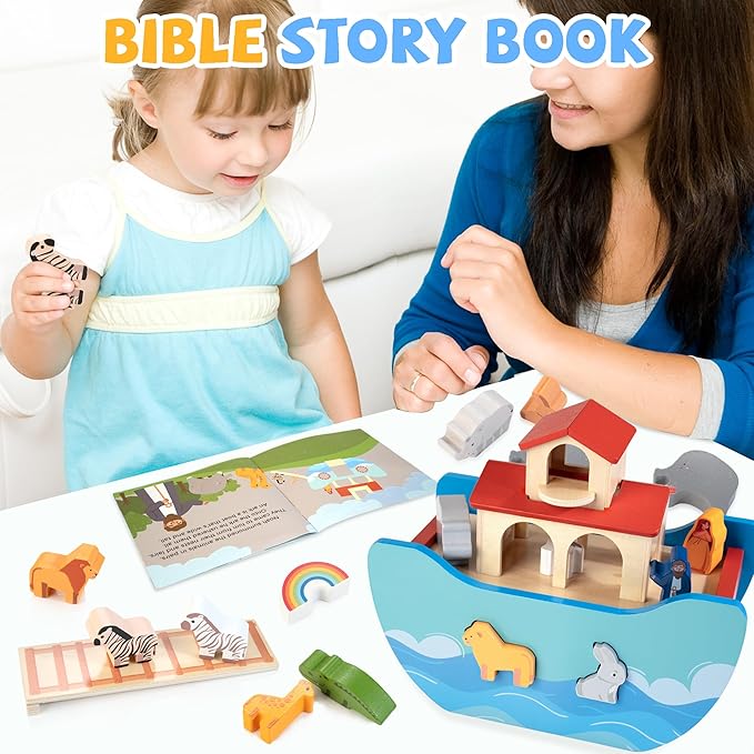 JUSTWOOD Wooden Noahs Ark Toy Animal Play Set, Bible Story Toys Baptism Gift for Boys and Girls Ages 1+ Years, Baby Shape Sorter Toy SS09