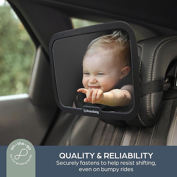 Dreambaby 360° Adjustable Baby Car Mirror - Extra Wide Convex View - Shatter-Resistant Acrylic Double Strap Headrest Mount - Rear Facing Infant Backseat Mirror for Car