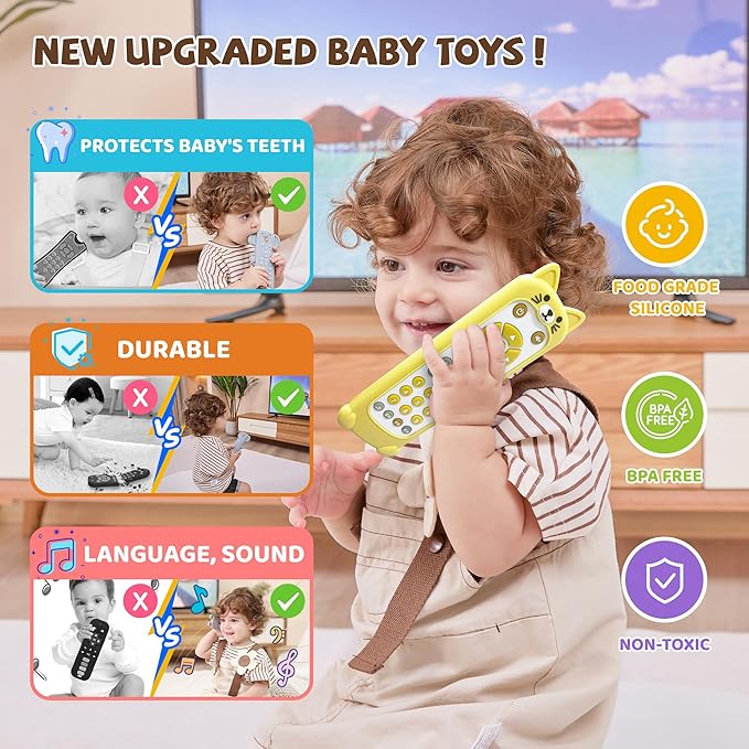 FLAMDYNO Baby Remote Control Toy with Cat Silicone Teether Cover - 3 Language Learning Toy (English/Spanish/French), 50+ Musical Sounds & Lights, Interactive Educational Gift for 6-18 Month Olds.