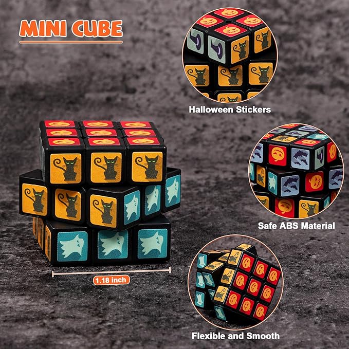 24 Pack Halloween Mini Cube Set, 1.18 Inch 3x3x3 Bulk Mini Cube Puzzles, Halloween Party Favors, Non-Candy Treats, Classroom Prizes, Goodie Bag Stuffers for Kids