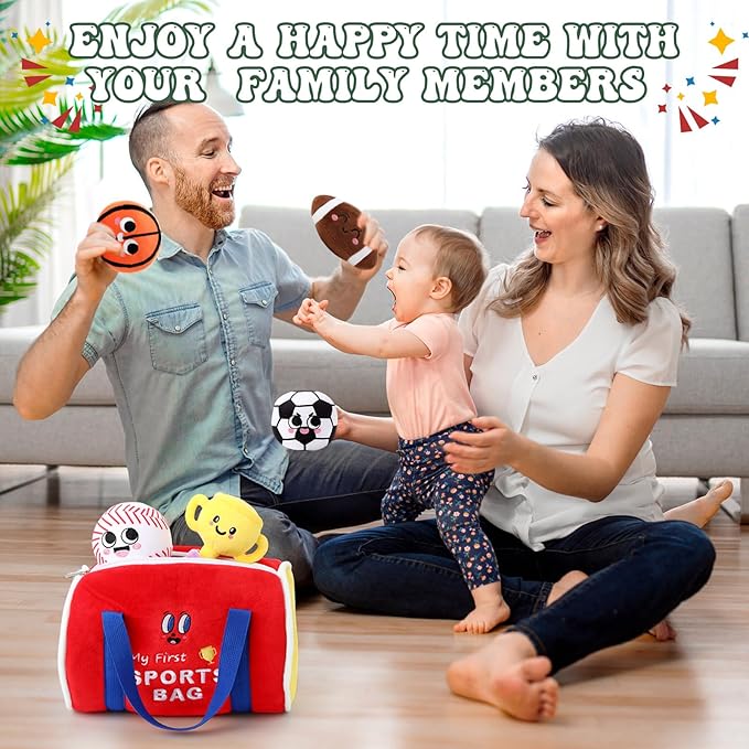 HyDren 7 Pcs My First Sports Bag Plush Toys Playset, Bulit-in Bell Sports Balls and Trophy for Kids Throwing Toys Gift for Boys Girls Early Education