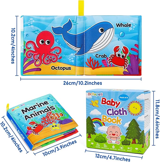 Dr.Rapeti 8-Pack Soft Cloth Books Baby Bath Books Crinkle Washable Chewable Early Educational Preschool Learning Giftable for Infant Toddler Kid
