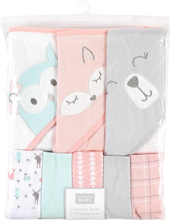 Hudson Baby Unisex Baby Animal Hooded Towel 3pk and 15 Washcloths, Girl Woodland, One Size