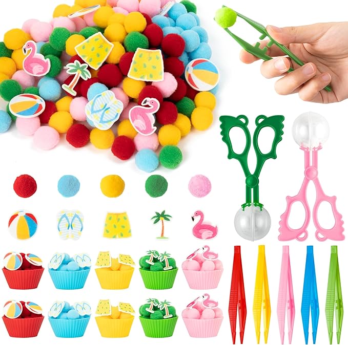 EZdhuawuse Summer Sensory Bin Fillers - 268Pcs Summer Beach Fine Motor Toys Counting Sorting for Kids, Felt Beach Ball Palm Tree Pom Poms Cup Clip for Preschool Education Birthday Gift Party Favors