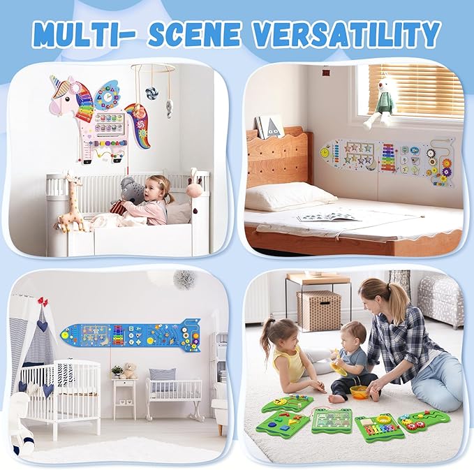 Spacocld Rocket Activity Wall Busy Board Panels - Sensory Wall Panel for Kids, Montessori Toddler Wall Activity Board, Wall Toys for Toddlers 3, Activity Cube, Wooden Multi-Activity Boards, Blue(5PCS)
