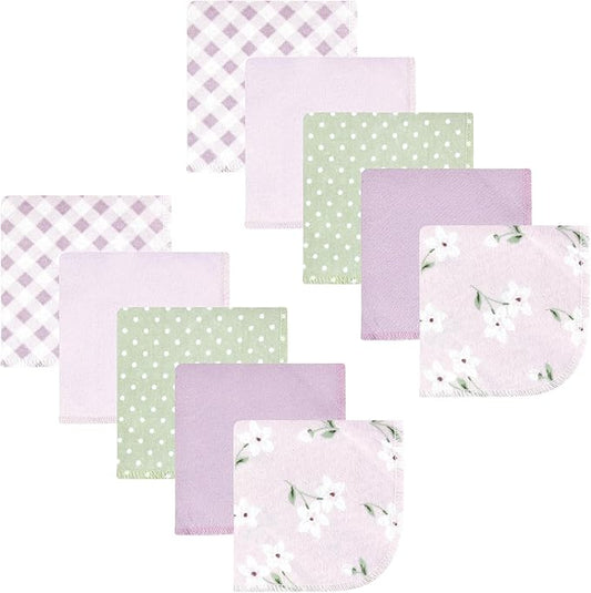 Hudson Baby Unisex Baby Flannel Cotton Washcloths, Purple Dainty Floral 10 Pack, One Size
