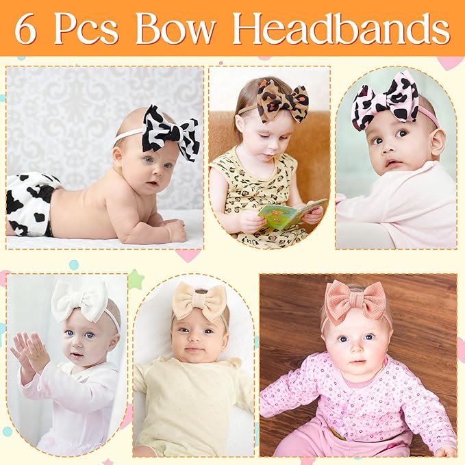JATEBI 6 PCS Baby Girl Hair Bows Set Checkered Cow Print Bows Headbands for Girls Cowgirl Accessories Newborn Toddler Baby Outfits Cow