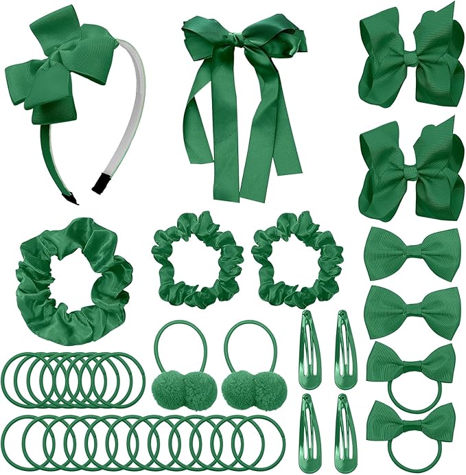 LACGO Pack of 37 Hair Bow Accessories - School Uniform Hair Clips Grosgrain Bow Headband Ribbon Alligator Ponytail Holder for Toddlers Teen Girls Uniform Party Prom Wedding(Dark Green)