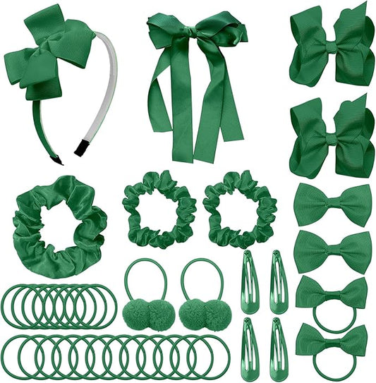 LACGO Pack of 37 Hair Bow Accessories - School Uniform Hair Clips Grosgrain Bow Headband Ribbon Alligator Ponytail Holder for Toddlers Teen Girls Uniform Party Prom Wedding(Dark Green)